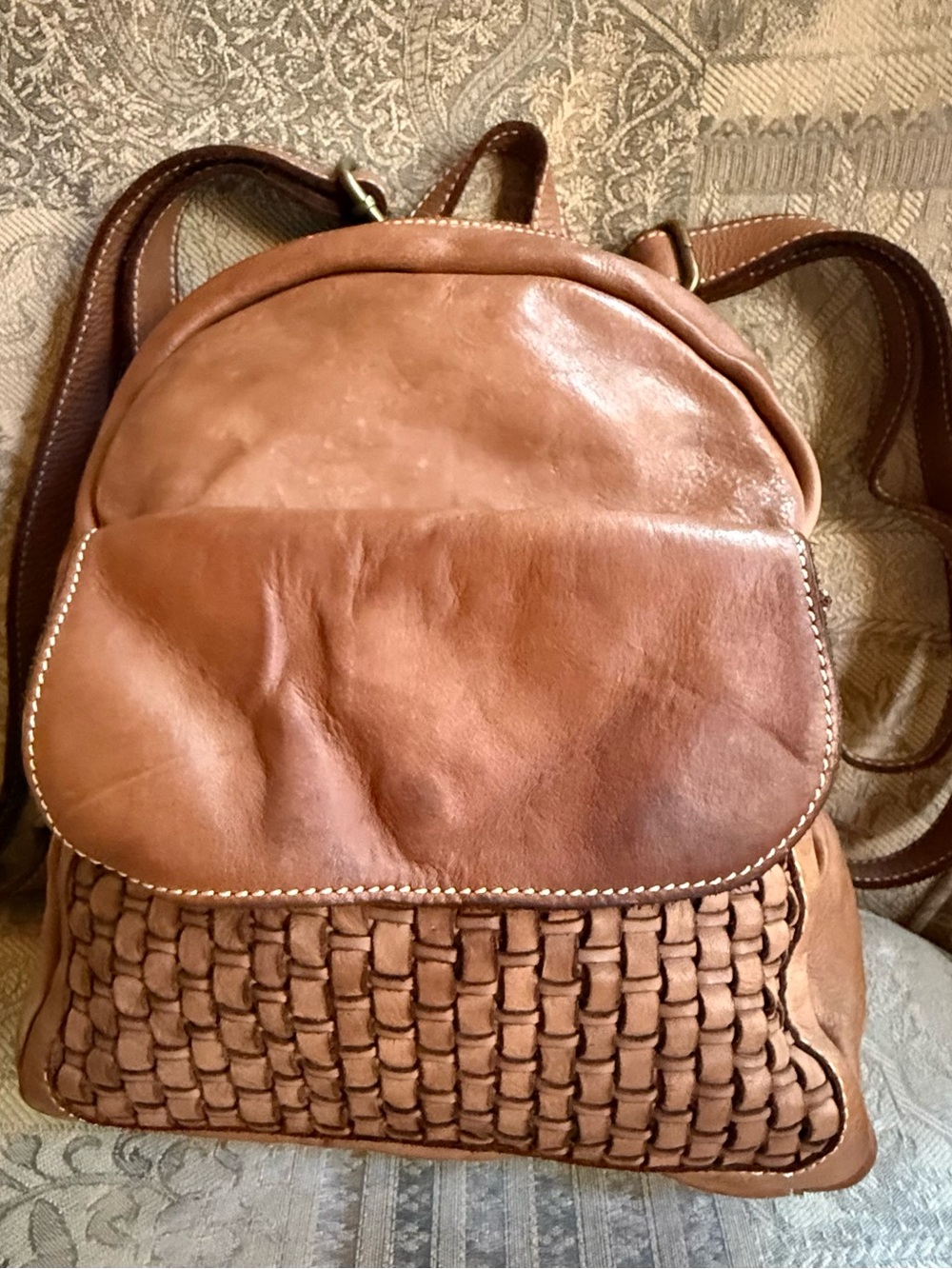 Constanza Rota Leather Woven Front Backpack in Cognac Made in Italy
